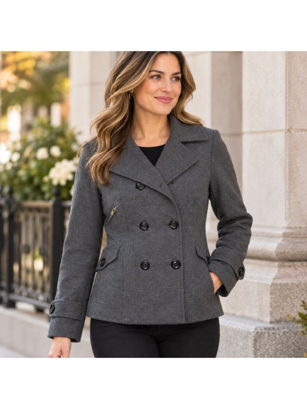 Signature Studio Womens XL Gray Double Breasted Pea Coat Jacket Zip Pocket